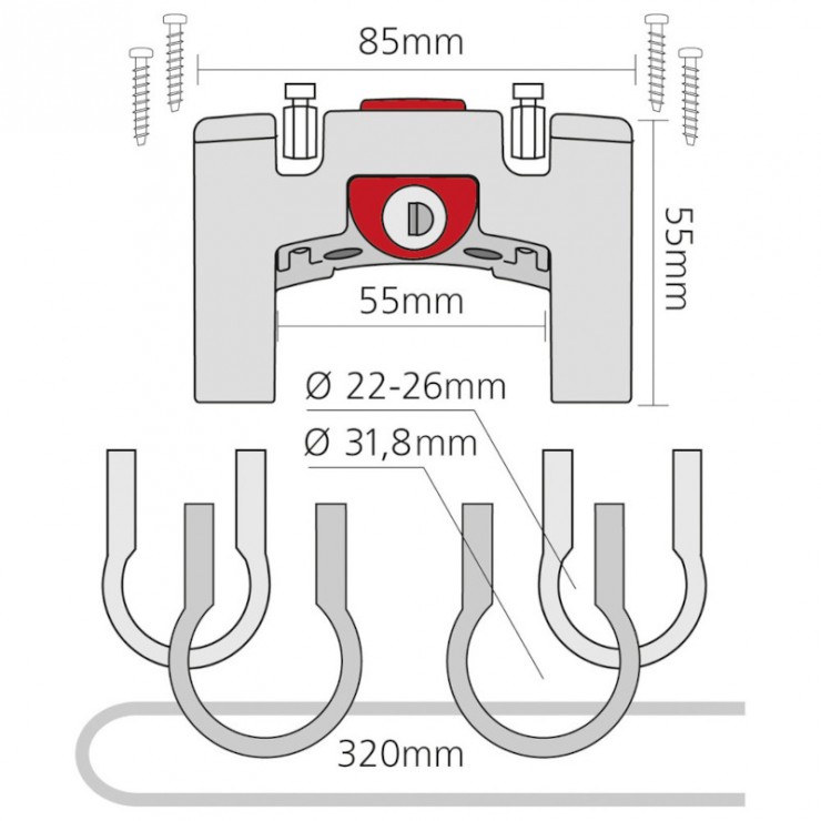 Fixation pour cintre avec serrure + collier 26 et 31.8